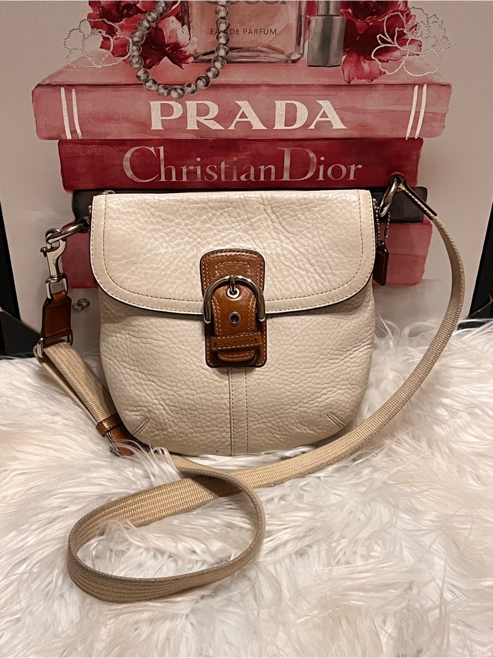 Coach Cream Leather  with Brown Leather Buckle crossbody bag